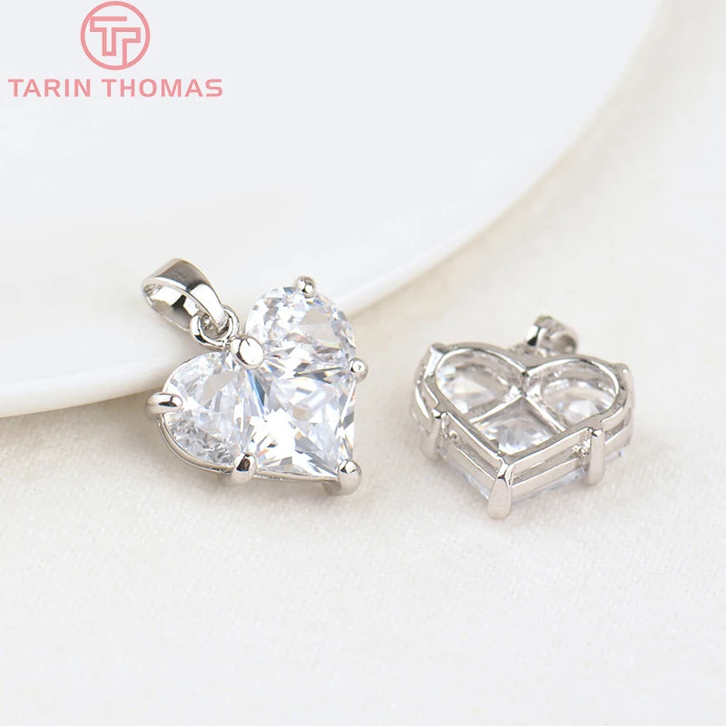(280)4PCS 14x14.5MM Hole 2.5MM 24K Gold Color Brass with Zircon Heart Charms Pendants High Quality Jewelry Findings Accessories