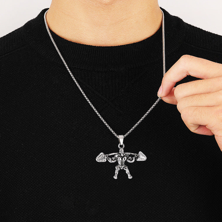 European and American best selling jewelry wholesale hip-hop personality domineering barbell weightlifting fitness pendant stainless steel men's and women's necklace