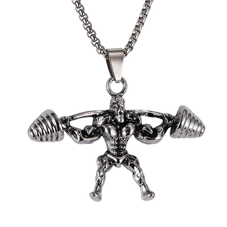 European and American best selling jewelry wholesale hip-hop personality domineering barbell weightlifting fitness pendant stainless steel men's and women's necklace