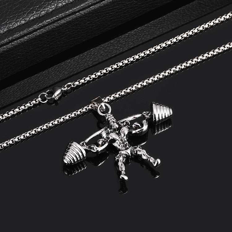 European and American best selling jewelry wholesale hip-hop personality domineering barbell weightlifting fitness pendant stainless steel men's and women's necklace