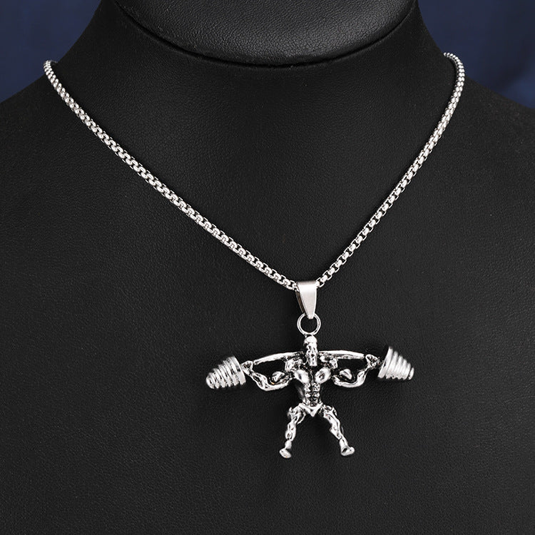 European and American best selling jewelry wholesale hip-hop personality domineering barbell weightlifting fitness pendant stainless steel men's and women's necklace