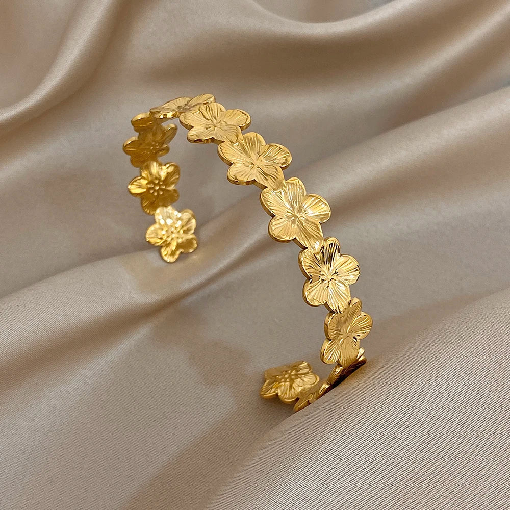 316L Stainless Steel Flower Cuff Bracelet Bangle for Women Fashion Hollow Floral Aesthetic Couple Wrist Stacked Jewelry Gifts