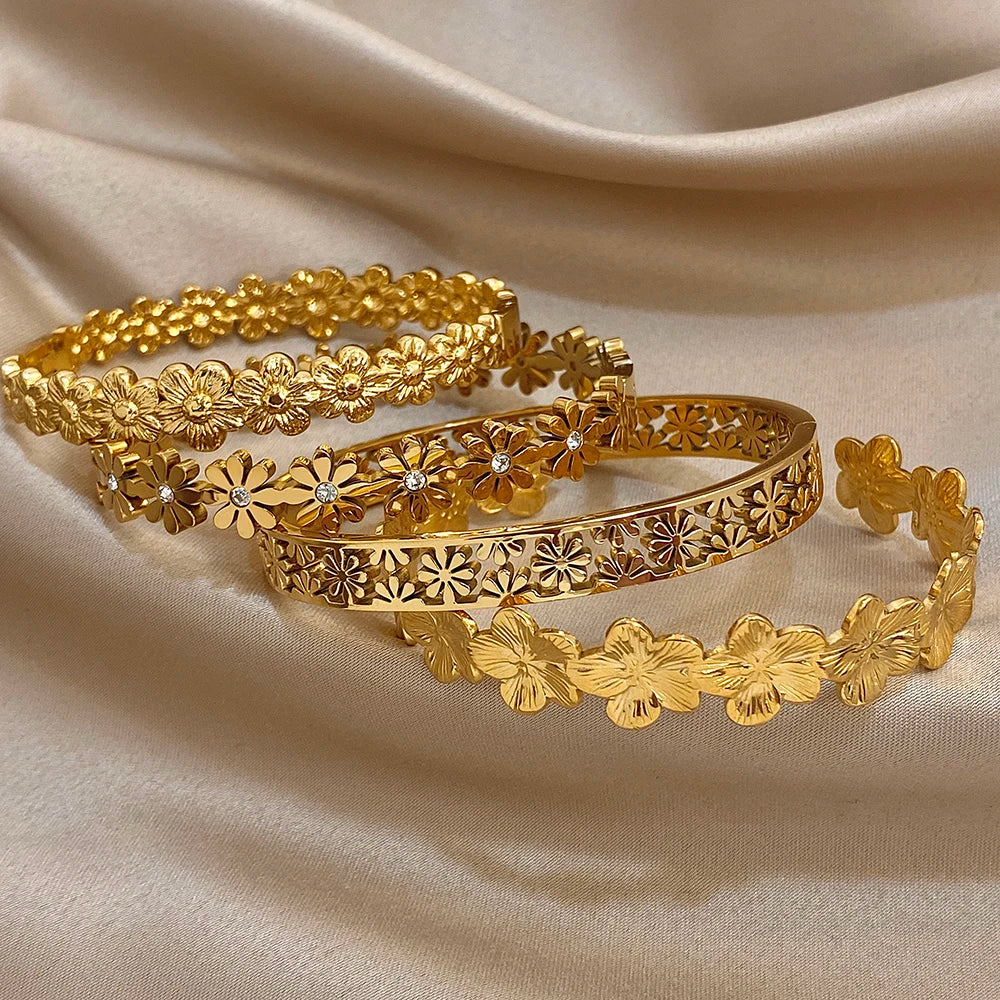 316L Stainless Steel Flower Cuff Bracelet Bangle for Women Fashion Hollow Floral Aesthetic Couple Wrist Stacked Jewelry Gifts