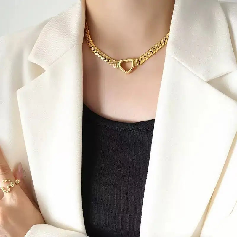 GANEMLY 316L Stainless Steel Hollow Heart Necklace Bracelets Waterproof Jewelry Charm Metalic Gold Color Chain Fashion Lady Gift