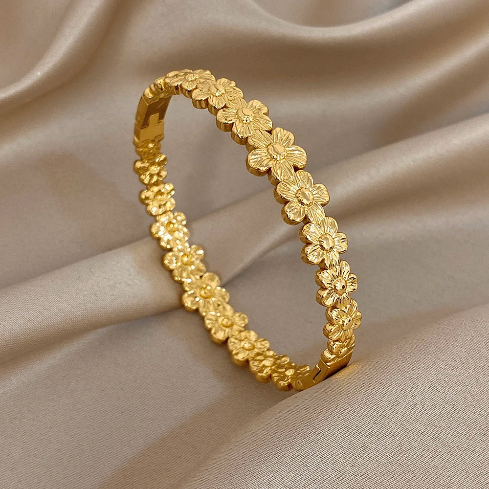 316L Stainless Steel Flower Cuff Bracelet Bangle for Women Fashion Hollow Floral Aesthetic Couple Wrist Stacked Jewelry Gifts