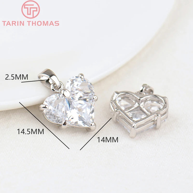 (280)4PCS 14x14.5MM Hole 2.5MM 24K Gold Color Brass with Zircon Heart Charms Pendants High Quality Jewelry Findings Accessories