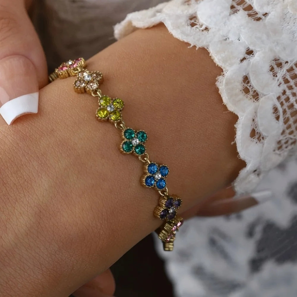 Colorful Flower Zircon Inlaid Bangle 316L Stainless Steel 18K Gold Plated Adjustable Bracelet Minimalist Charm Jewelry Gift