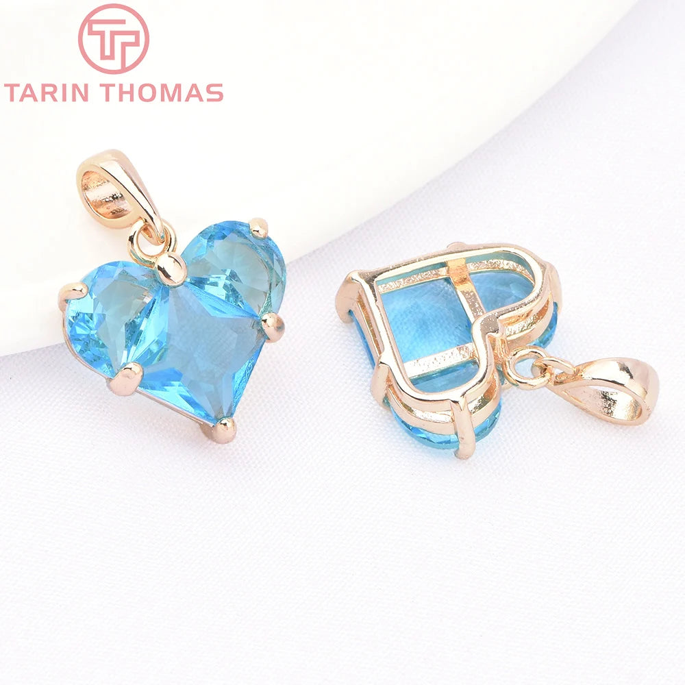 (280)4PCS 14x14.5MM Hole 2.5MM 24K Gold Color Brass with Zircon Heart Charms Pendants High Quality Jewelry Findings Accessories