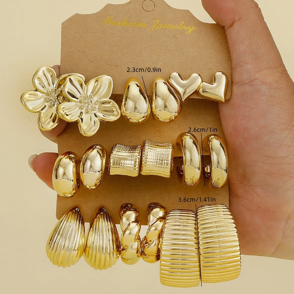 3/9Pairs Fashion Casual With Golden-Plated Earring Set, Plastic Material,Stylish & Elegant, Suitable For Daily, Party