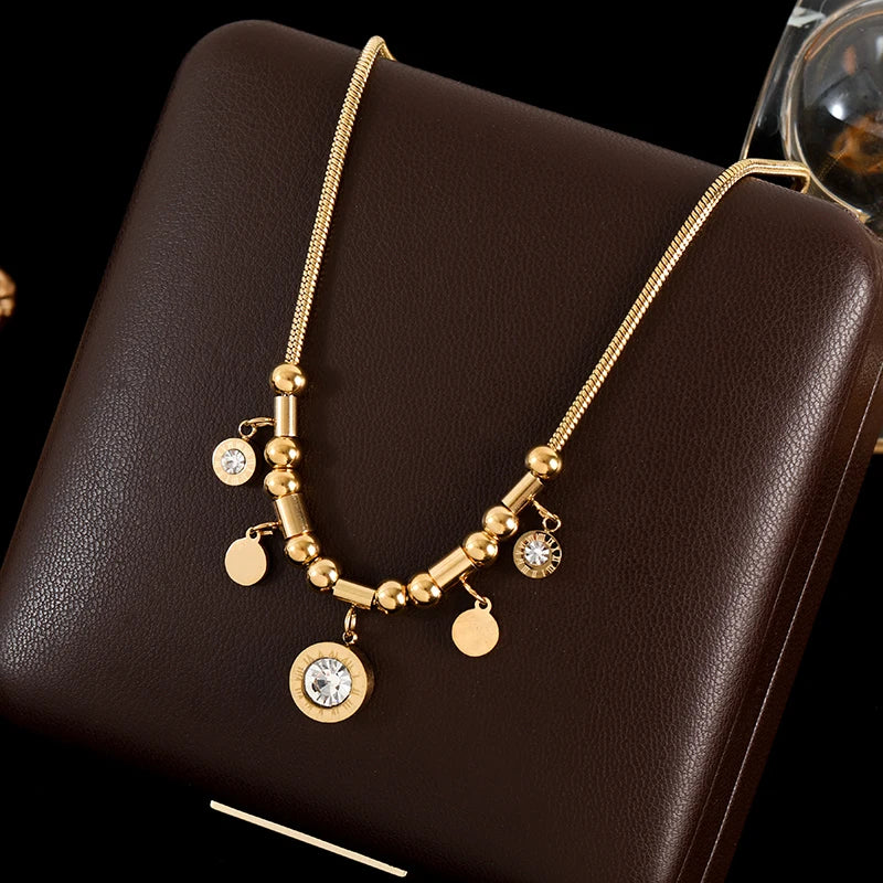 GANEMLY 316L Stainless Steel Hollow Heart Necklace Bracelets Waterproof Jewelry Charm Metalic Gold Color Chain Fashion Lady Gift