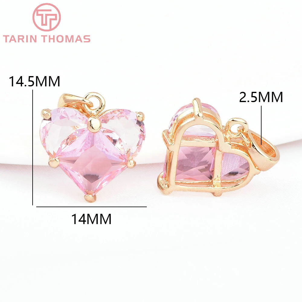 (280)4PCS 14x14.5MM Hole 2.5MM 24K Gold Color Brass with Zircon Heart Charms Pendants High Quality Jewelry Findings Accessories