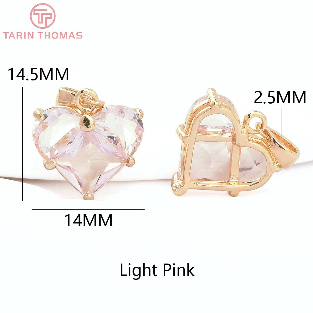 (280)4PCS 14x14.5MM Hole 2.5MM 24K Gold Color Brass with Zircon Heart Charms Pendants High Quality Jewelry Findings Accessories
