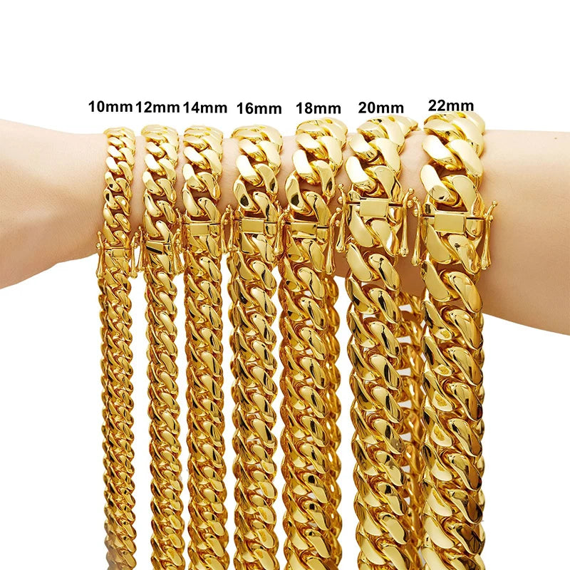 Hip Hop Bling Gold Color Stainless Steel Dense Cuban Miami Link Chain Necklaces for Men Rapper Jewelry Drop Shipping
