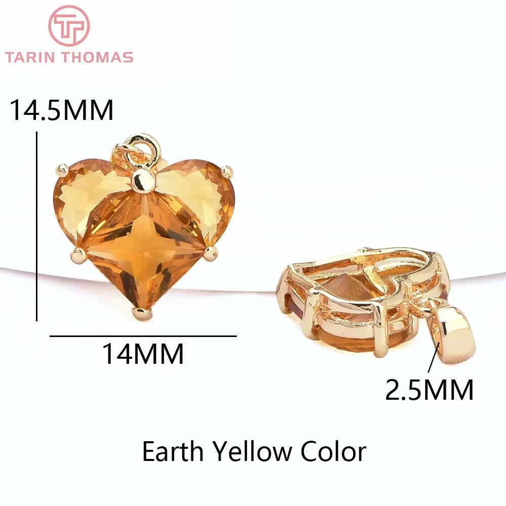 (280)4PCS 14x14.5MM Hole 2.5MM 24K Gold Color Brass with Zircon Heart Charms Pendants High Quality Jewelry Findings Accessories