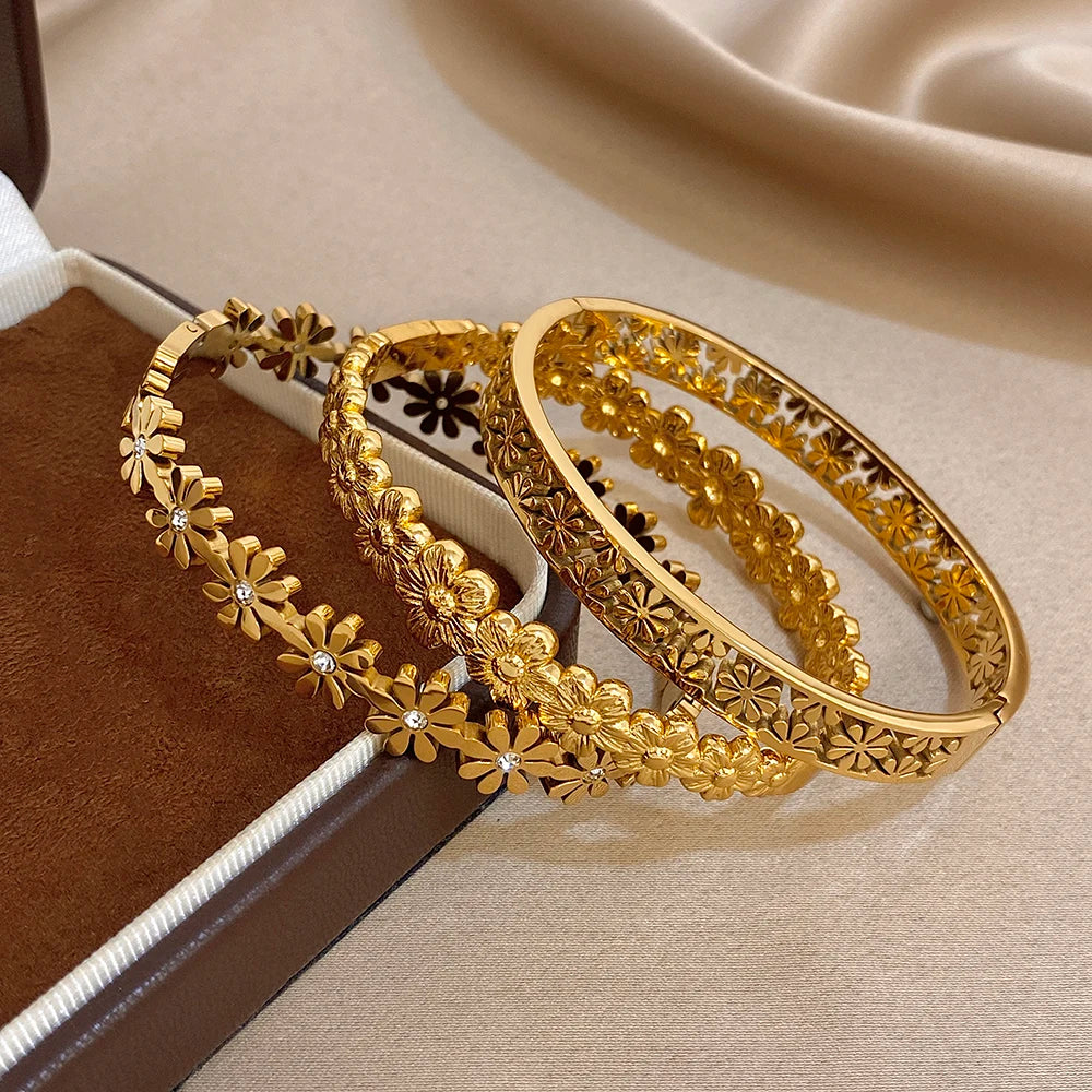 316L Stainless Steel Flower Cuff Bracelet Bangle for Women Fashion Hollow Floral Aesthetic Couple Wrist Stacked Jewelry Gifts