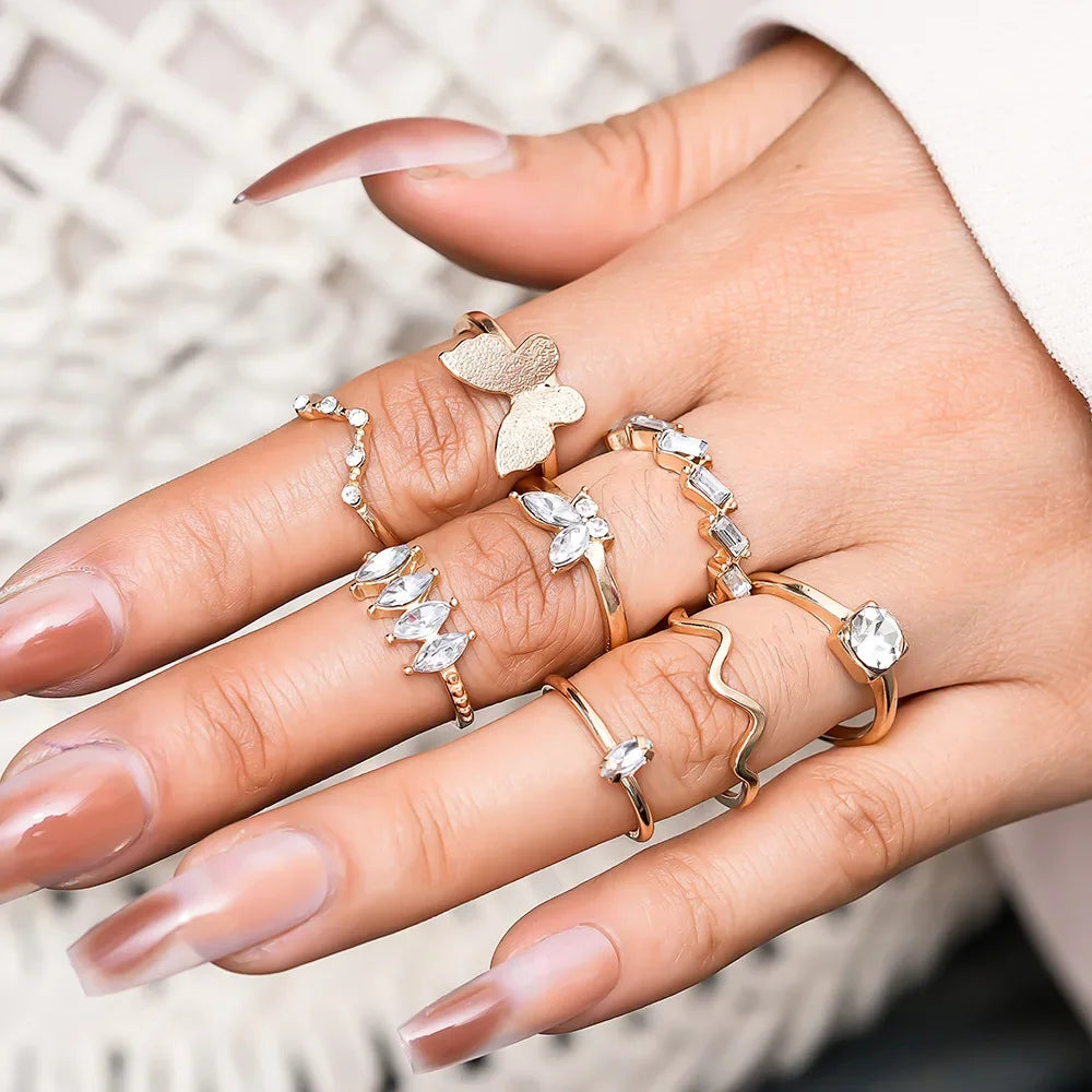 9Pcs/Set Vintage Gold Color Love Heart Butterfly Metal Rings Set for Women Simple  Assembly Rings Paty Jewelry Gift Accessries