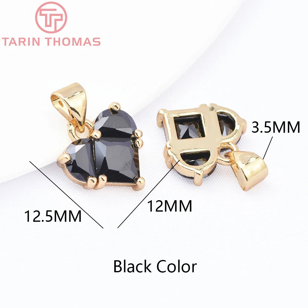 (280)4PCS 14x14.5MM Hole 2.5MM 24K Gold Color Brass with Zircon Heart Charms Pendants High Quality Jewelry Findings Accessories