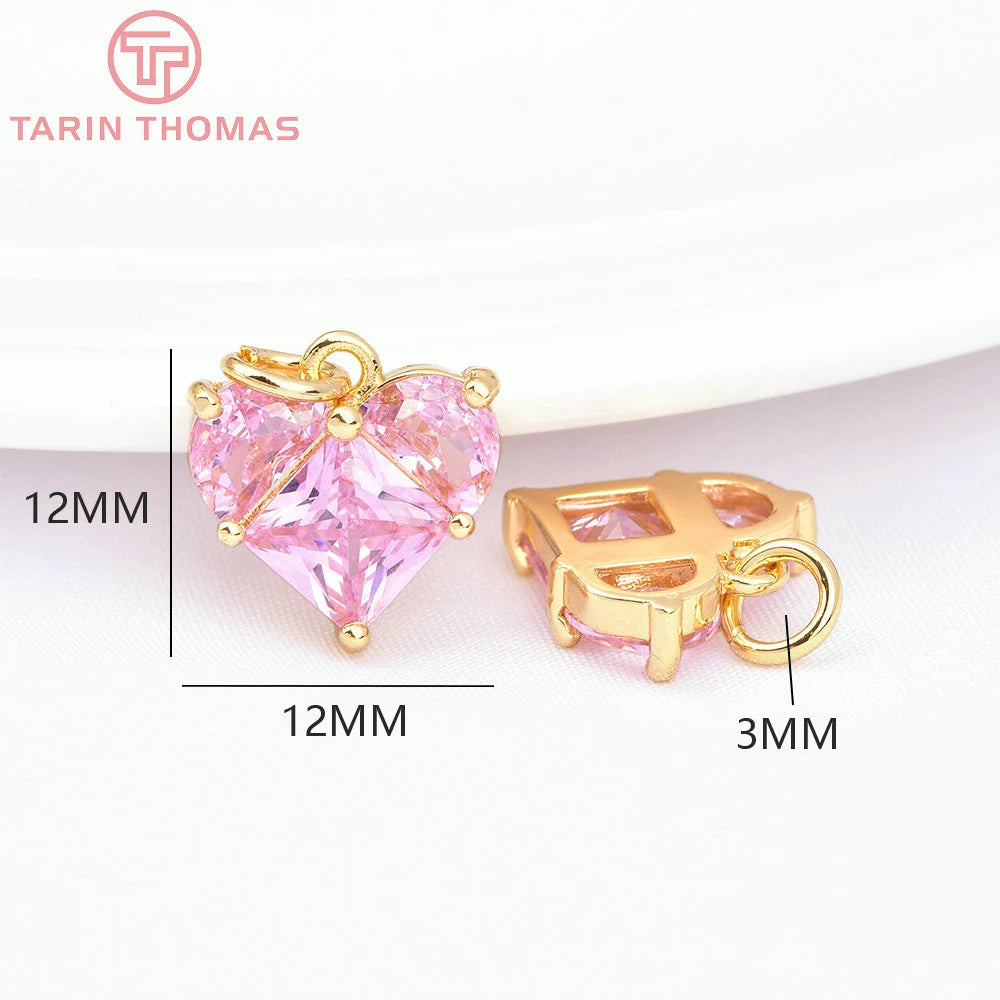(280)4PCS 14x14.5MM Hole 2.5MM 24K Gold Color Brass with Zircon Heart Charms Pendants High Quality Jewelry Findings Accessories