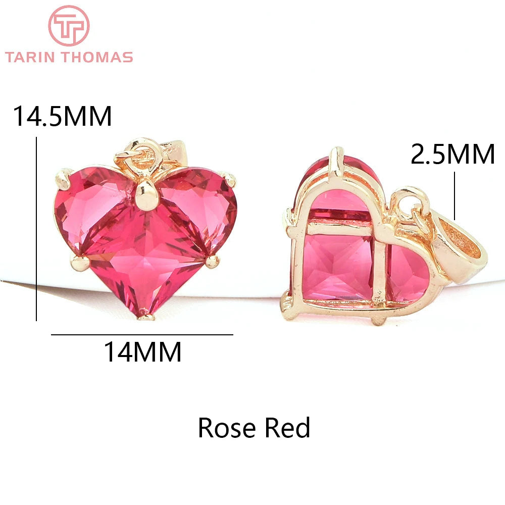 (280)4PCS 14x14.5MM Hole 2.5MM 24K Gold Color Brass with Zircon Heart Charms Pendants High Quality Jewelry Findings Accessories