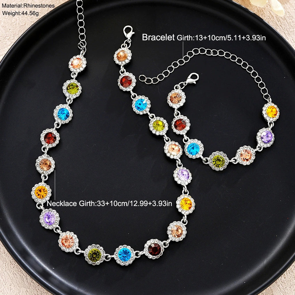 Korean Colorful Crystal Choker Necklace Bracelet for Women Sparkly Rhinestone Clavicle Chain Bracelet Fashion Jewelry Set