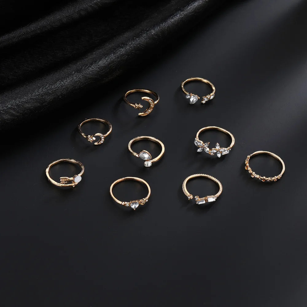 9Pcs/Set Vintage Gold Color Love Heart Butterfly Metal Rings Set for Women Simple  Assembly Rings Paty Jewelry Gift Accessries