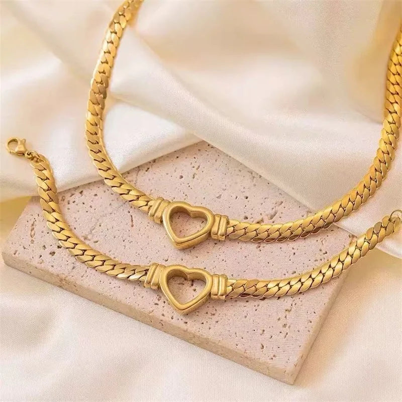 GANEMLY 316L Stainless Steel Hollow Heart Necklace Bracelets Waterproof Jewelry Charm Metalic Gold Color Chain Fashion Lady Gift
