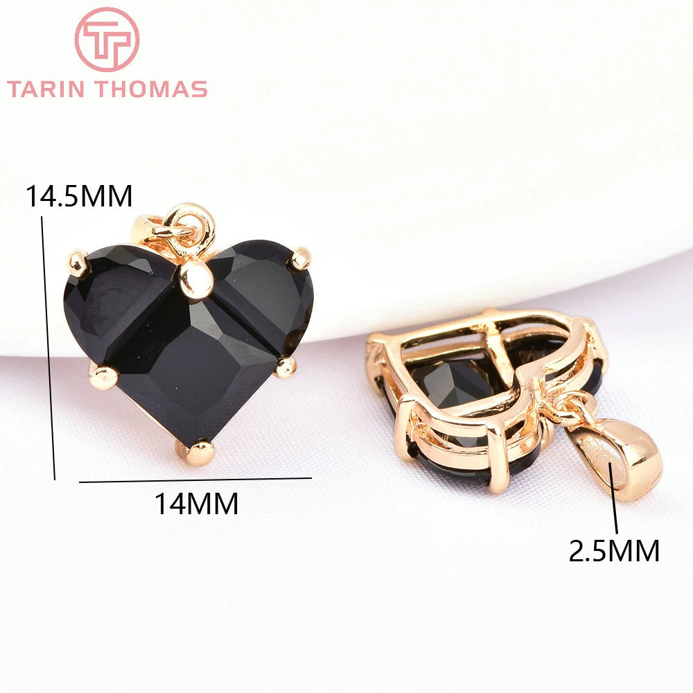 (280)4PCS 14x14.5MM Hole 2.5MM 24K Gold Color Brass with Zircon Heart Charms Pendants High Quality Jewelry Findings Accessories