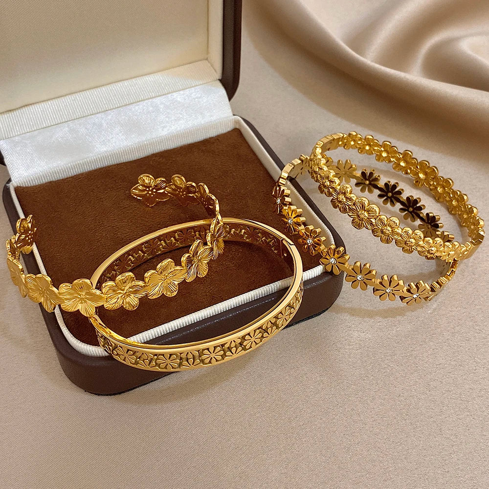 316L Stainless Steel Flower Cuff Bracelet Bangle for Women Fashion Hollow Floral Aesthetic Couple Wrist Stacked Jewelry Gifts