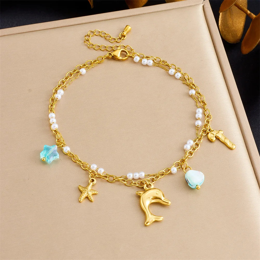 LAMENGLY 316L Stainless SteelNew Beach Ocean Wind Shell Dolphin Starfish Stacked Women's Non Fading Jewelry Gift