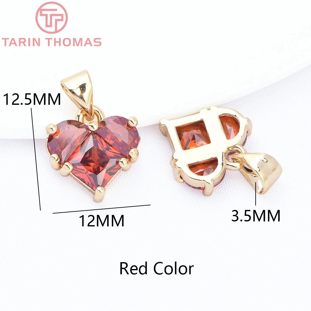 (280)4PCS 14x14.5MM Hole 2.5MM 24K Gold Color Brass with Zircon Heart Charms Pendants High Quality Jewelry Findings Accessories