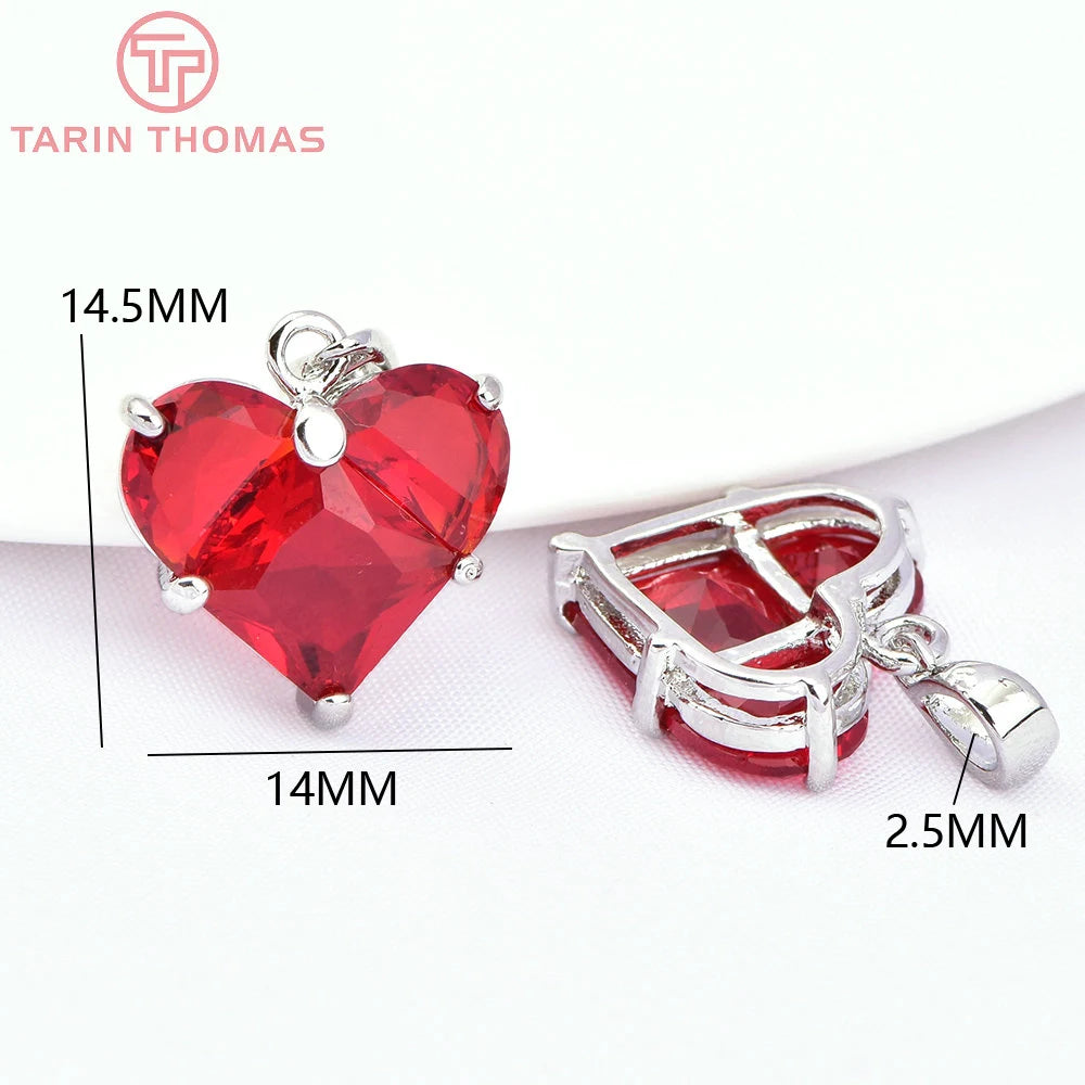 (280)4PCS 14x14.5MM Hole 2.5MM 24K Gold Color Brass with Zircon Heart Charms Pendants High Quality Jewelry Findings Accessories