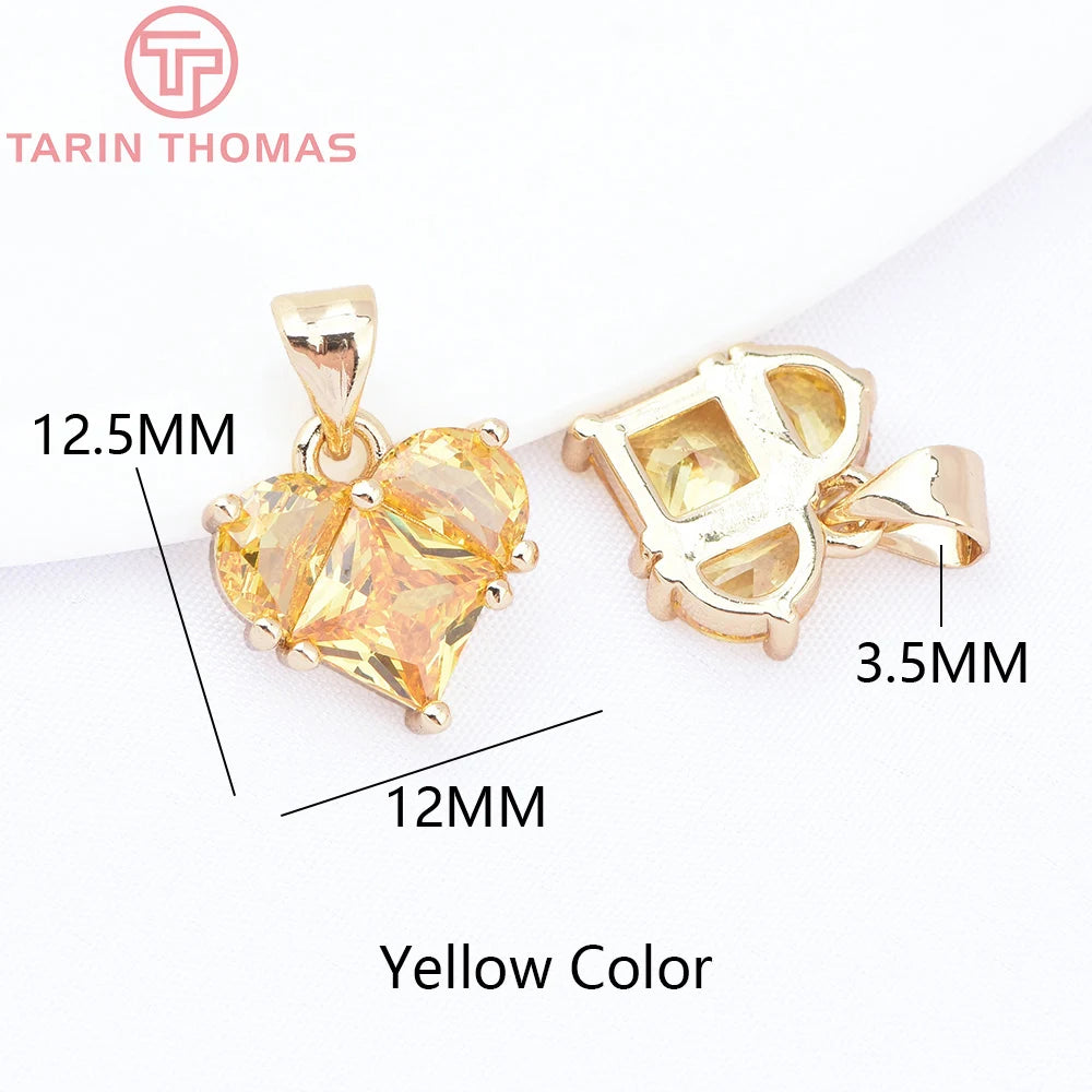 (280)4PCS 14x14.5MM Hole 2.5MM 24K Gold Color Brass with Zircon Heart Charms Pendants High Quality Jewelry Findings Accessories