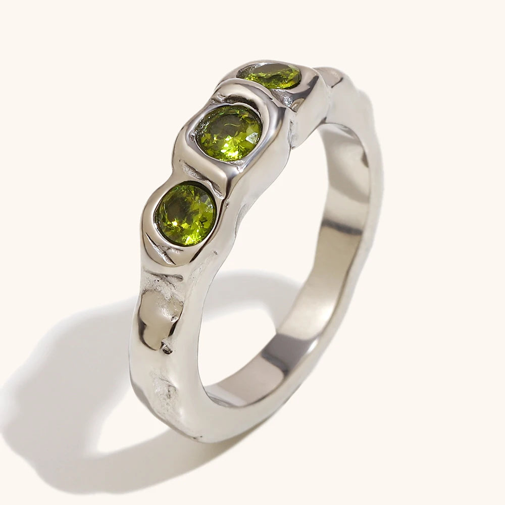 La. Muses Three Green Zircon Stainless Steel Women's Ring PVD Gold Plated Trendy Daily Jewelry Accessories Gift