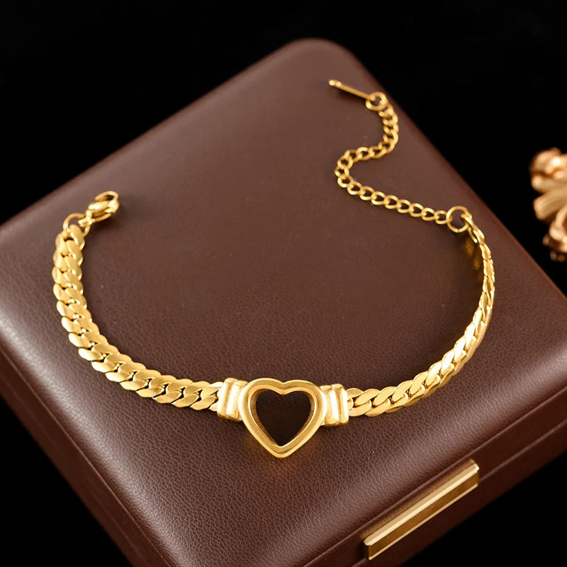 GANEMLY 316L Stainless Steel Hollow Heart Necklace Bracelets Waterproof Jewelry Charm Metalic Gold Color Chain Fashion Lady Gift