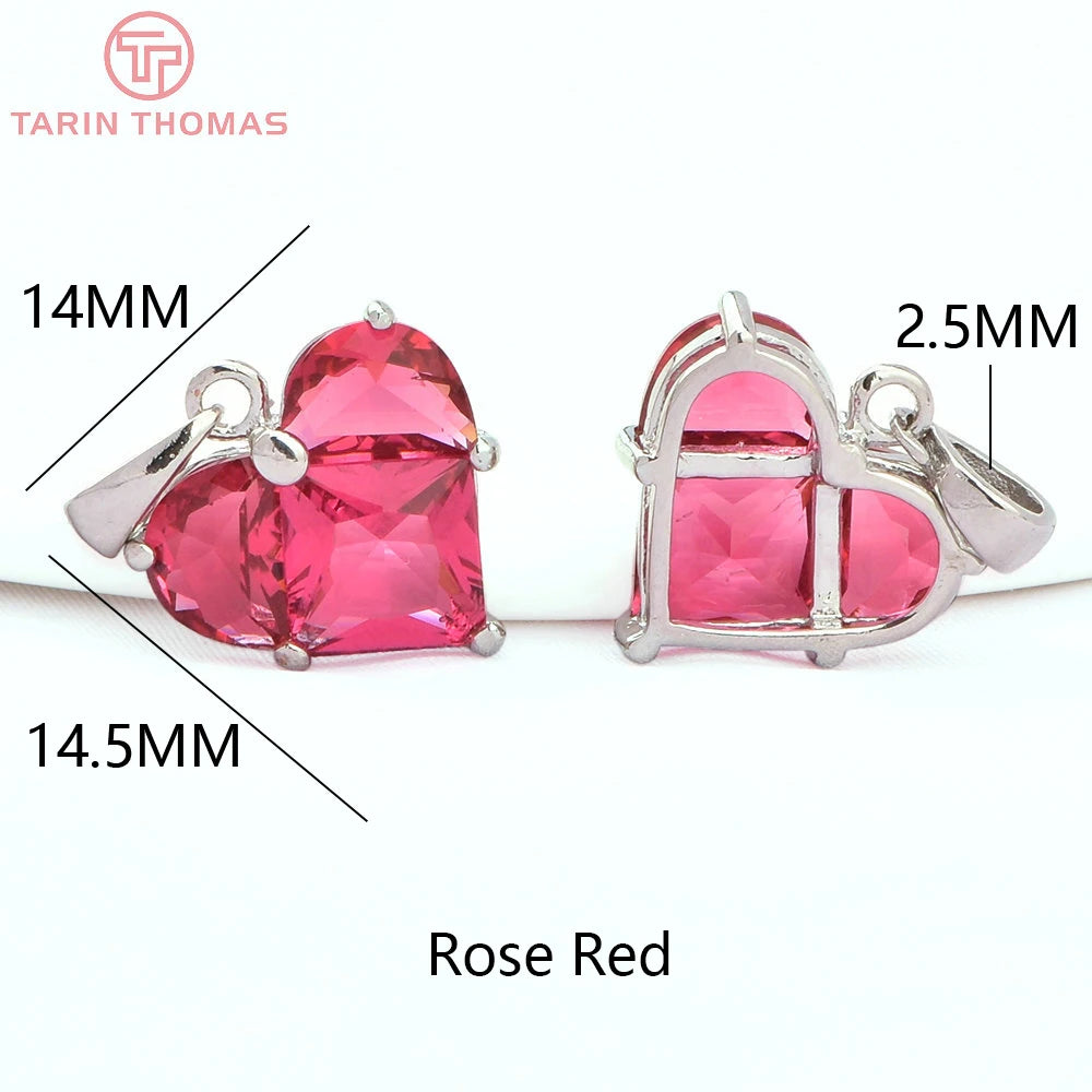 (280)4PCS 14x14.5MM Hole 2.5MM 24K Gold Color Brass with Zircon Heart Charms Pendants High Quality Jewelry Findings Accessories