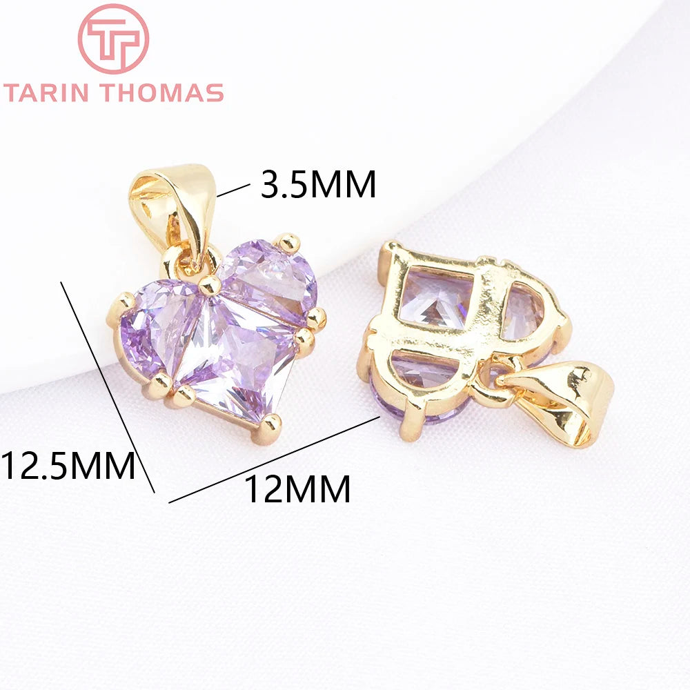 (280)4PCS 14x14.5MM Hole 2.5MM 24K Gold Color Brass with Zircon Heart Charms Pendants High Quality Jewelry Findings Accessories