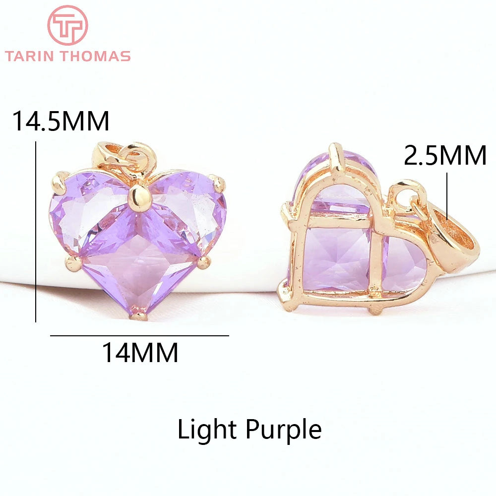 (280)4PCS 14x14.5MM Hole 2.5MM 24K Gold Color Brass with Zircon Heart Charms Pendants High Quality Jewelry Findings Accessories