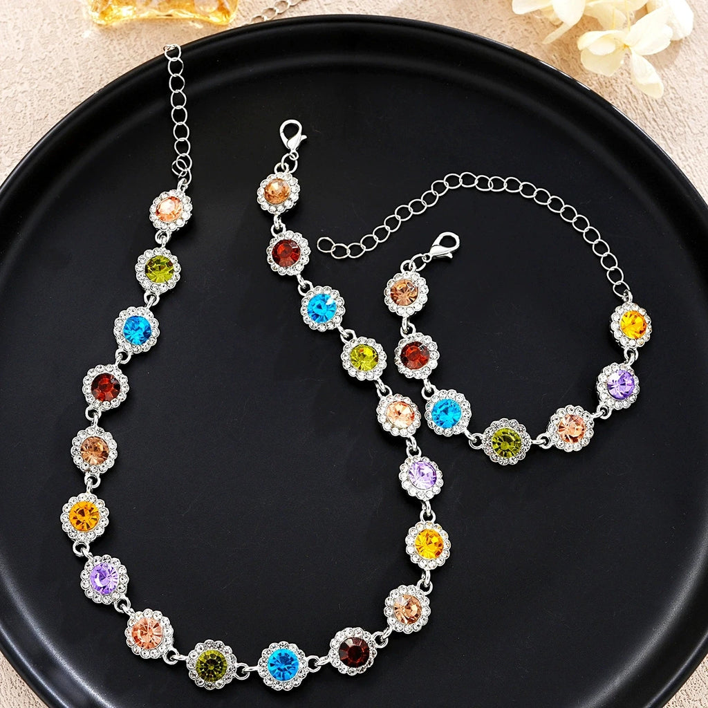 Korean Colorful Crystal Choker Necklace Bracelet for Women Sparkly Rhinestone Clavicle Chain Bracelet Fashion Jewelry Set
