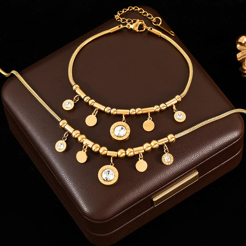 GANEMLY 316L Stainless Steel Hollow Heart Necklace Bracelets Waterproof Jewelry Charm Metalic Gold Color Chain Fashion Lady Gift