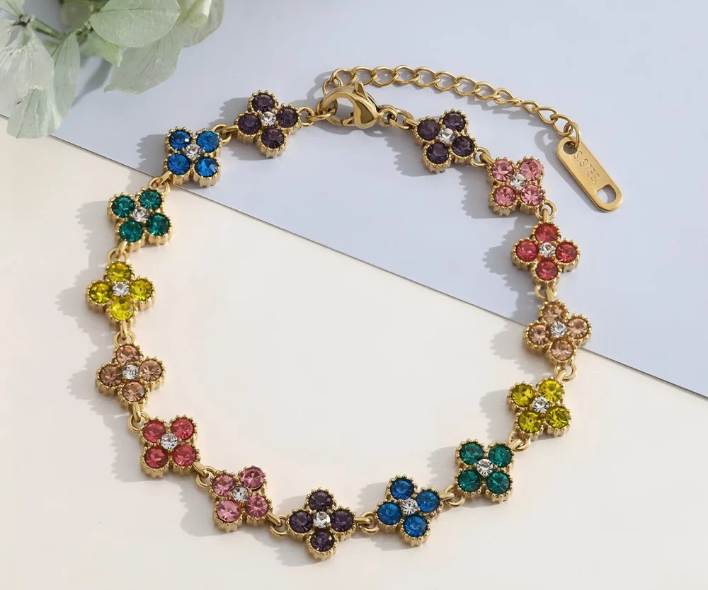 Colorful Flower Zircon Inlaid Bangle 316L Stainless Steel 18K Gold Plated Adjustable Bracelet Minimalist Charm Jewelry Gift