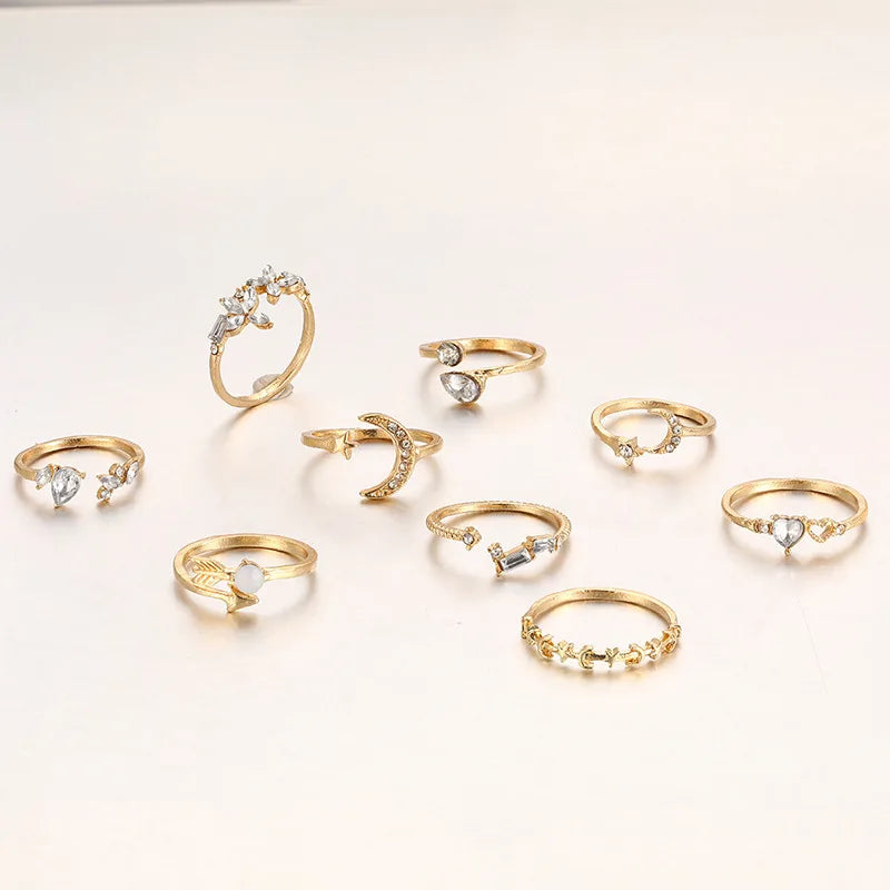 9Pcs/Set Vintage Gold Color Love Heart Butterfly Metal Rings Set for Women Simple  Assembly Rings Paty Jewelry Gift Accessries