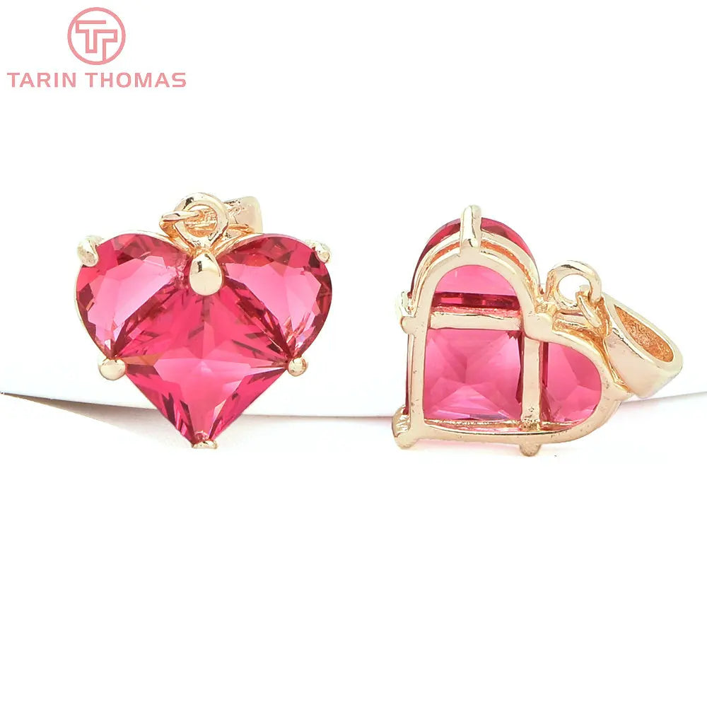 (280)4PCS 14x14.5MM Hole 2.5MM 24K Gold Color Brass with Zircon Heart Charms Pendants High Quality Jewelry Findings Accessories