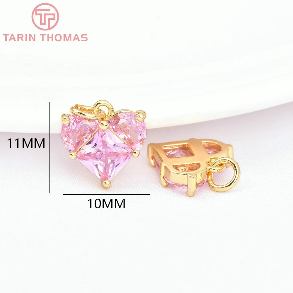 (280)4PCS 14x14.5MM Hole 2.5MM 24K Gold Color Brass with Zircon Heart Charms Pendants High Quality Jewelry Findings Accessories