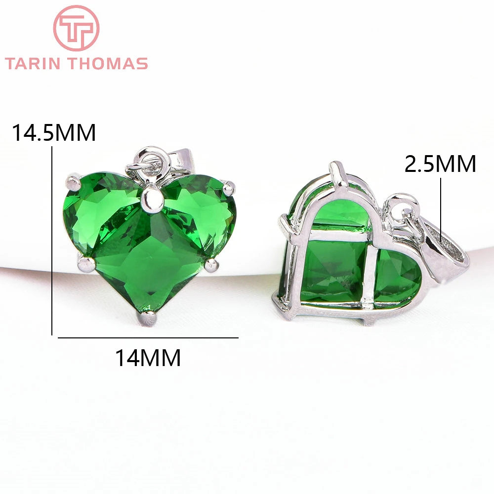 (280)4PCS 14x14.5MM Hole 2.5MM 24K Gold Color Brass with Zircon Heart Charms Pendants High Quality Jewelry Findings Accessories