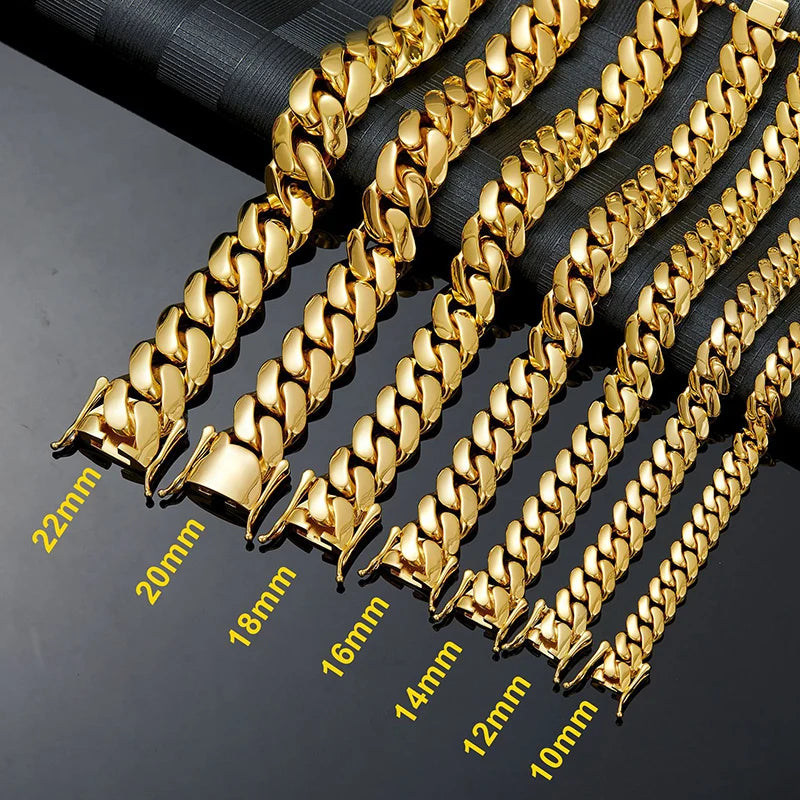 Hip Hop Bling Gold Color Stainless Steel Dense Cuban Miami Link Chain Necklaces for Men Rapper Jewelry Drop Shipping