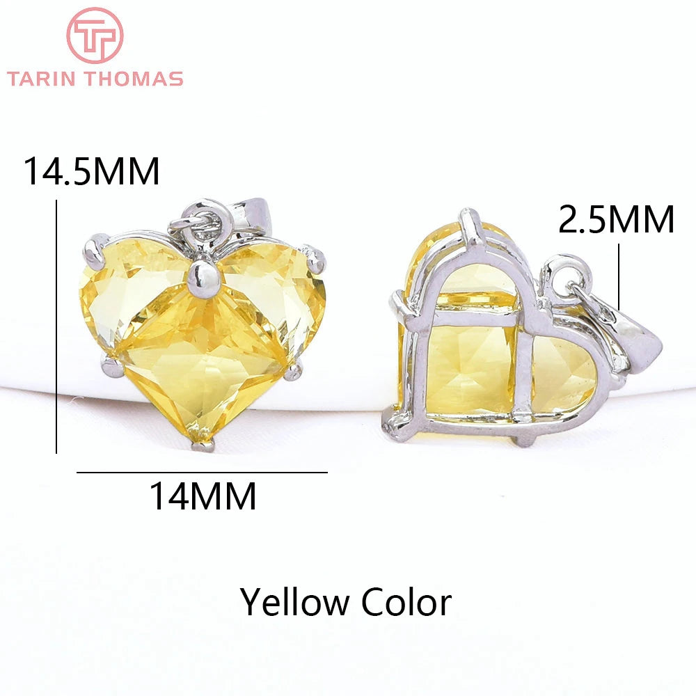 (280)4PCS 14x14.5MM Hole 2.5MM 24K Gold Color Brass with Zircon Heart Charms Pendants High Quality Jewelry Findings Accessories