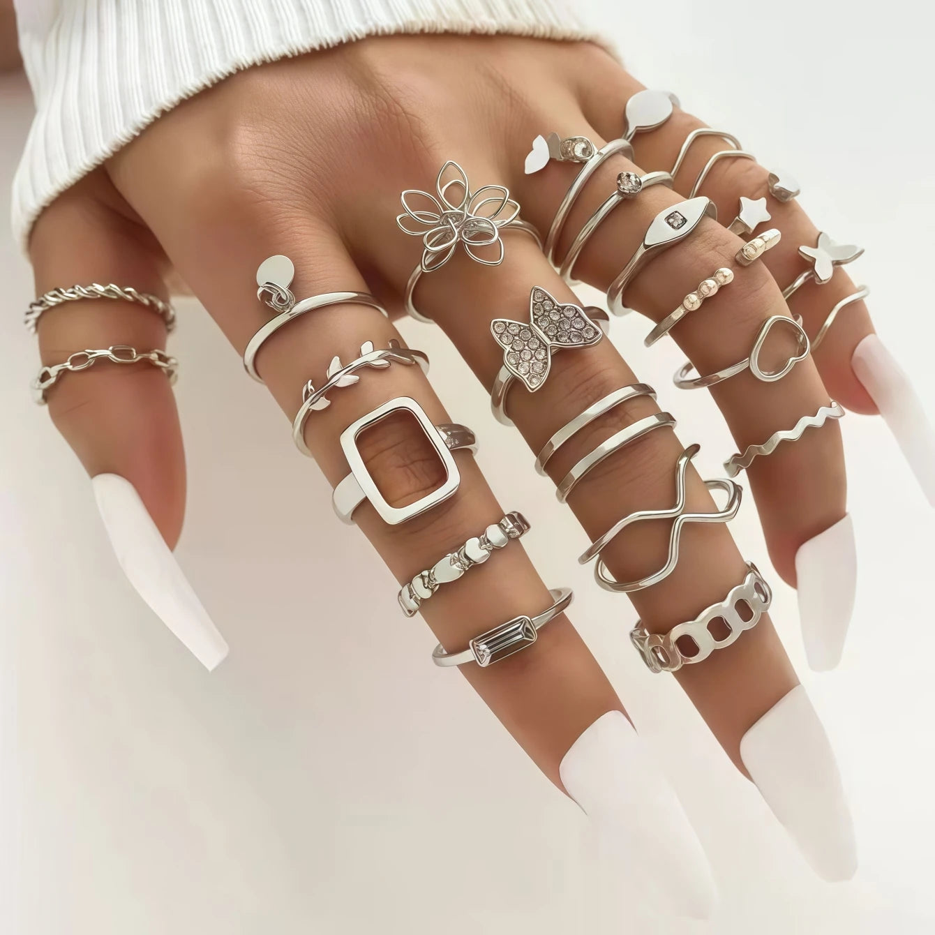 10/20/30/50/100Pieces Fashion Hollow-Out Rings Set For Women Mix Style Trendy Flowers Heart Butterfly Daily Jewelry Party Gifts