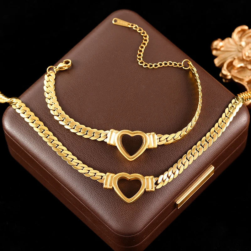 GANEMLY 316L Stainless Steel Hollow Heart Necklace Bracelets Waterproof Jewelry Charm Metalic Gold Color Chain Fashion Lady Gift