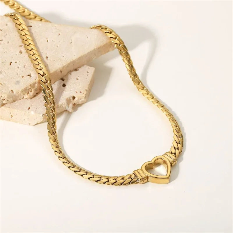 GANEMLY 316L Stainless Steel Hollow Heart Necklace Bracelets Waterproof Jewelry Charm Metalic Gold Color Chain Fashion Lady Gift