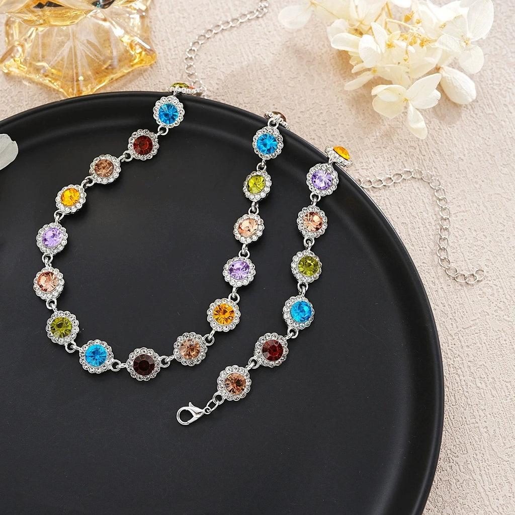 Korean Colorful Crystal Choker Necklace Bracelet for Women Sparkly Rhinestone Clavicle Chain Bracelet Fashion Jewelry Set
